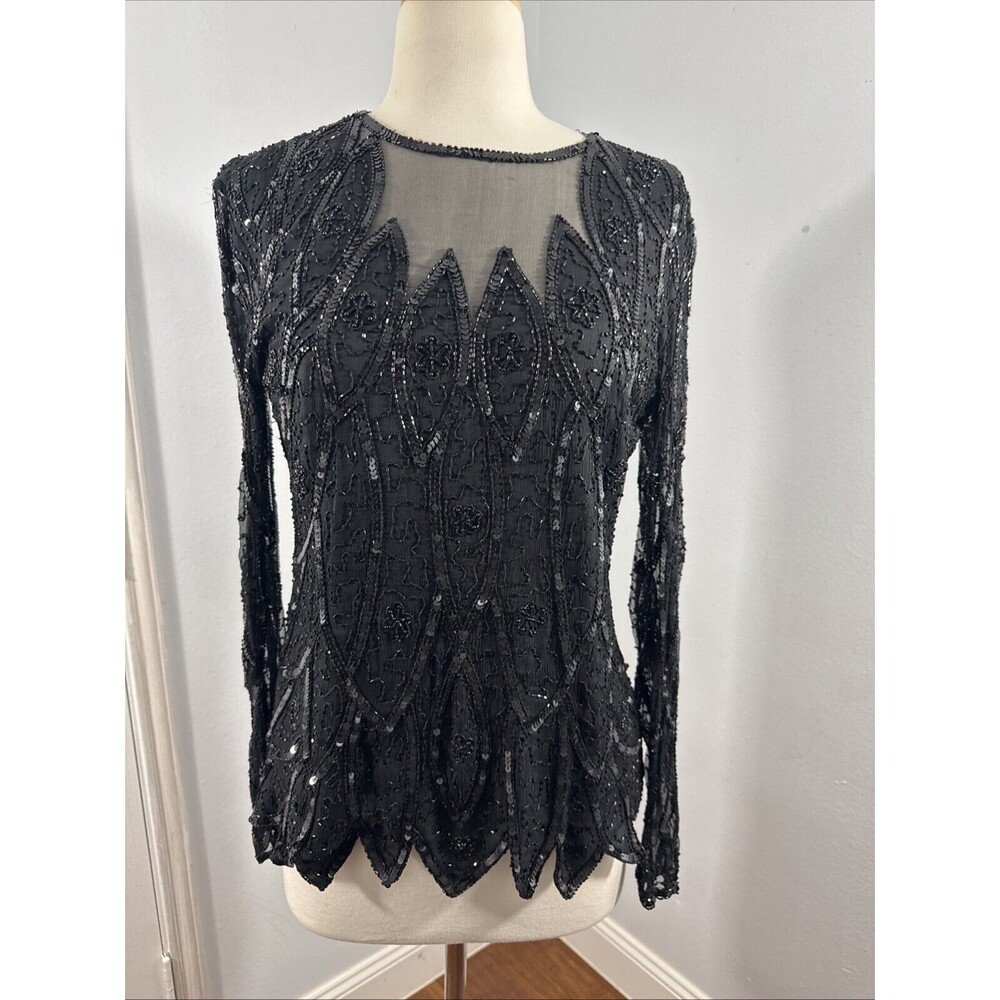 Vtg Stenay Top Womens Small Black Beaded Grunge Goth Y2K Whimsigoth Blouse